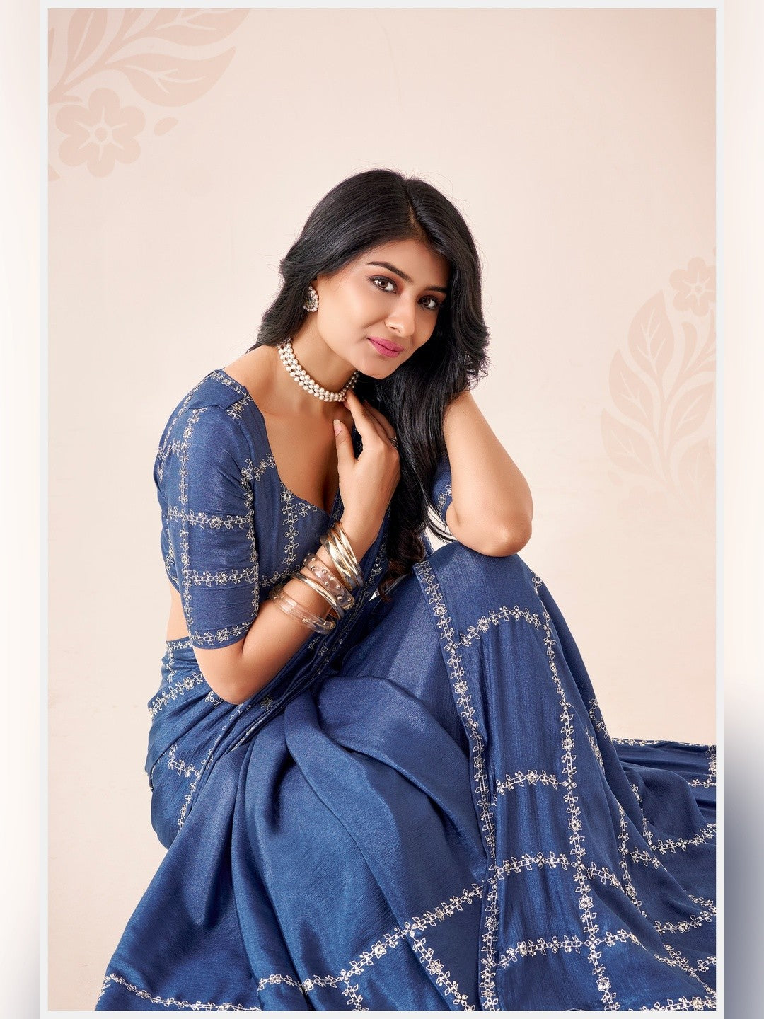 Peachmode Blue Pratima Embroidered Saree - Image 5