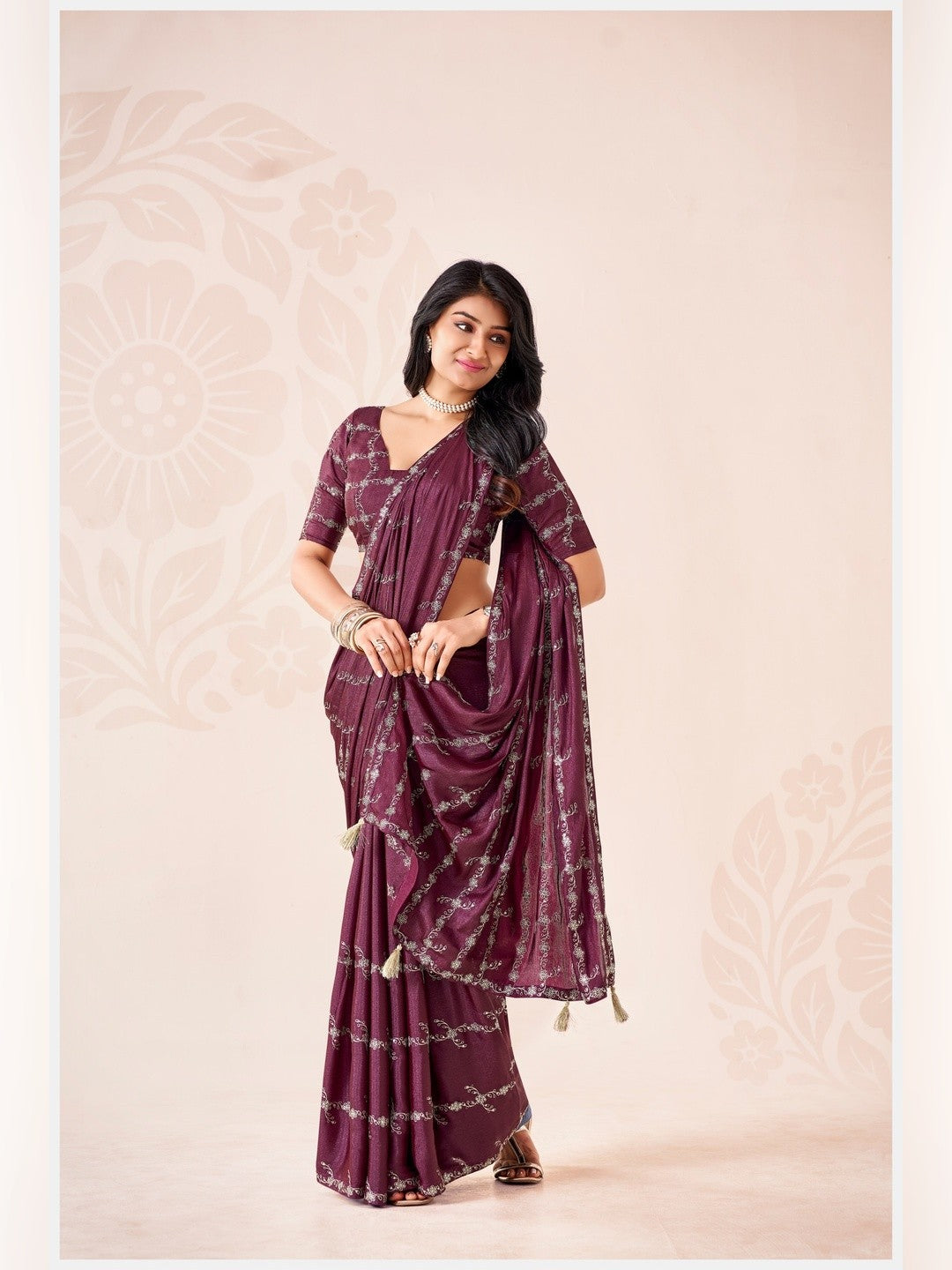 Peachmode Wine Pratima Embroidered Saree - Image 1