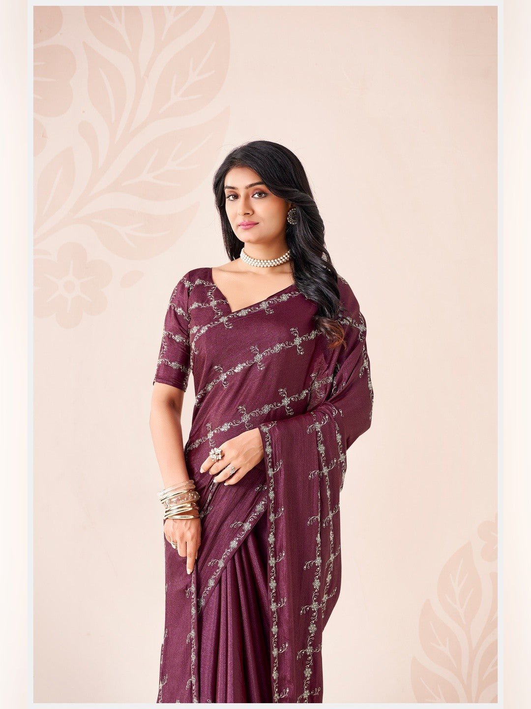 Peachmode Wine Pratima Embroidered Saree - Image 4