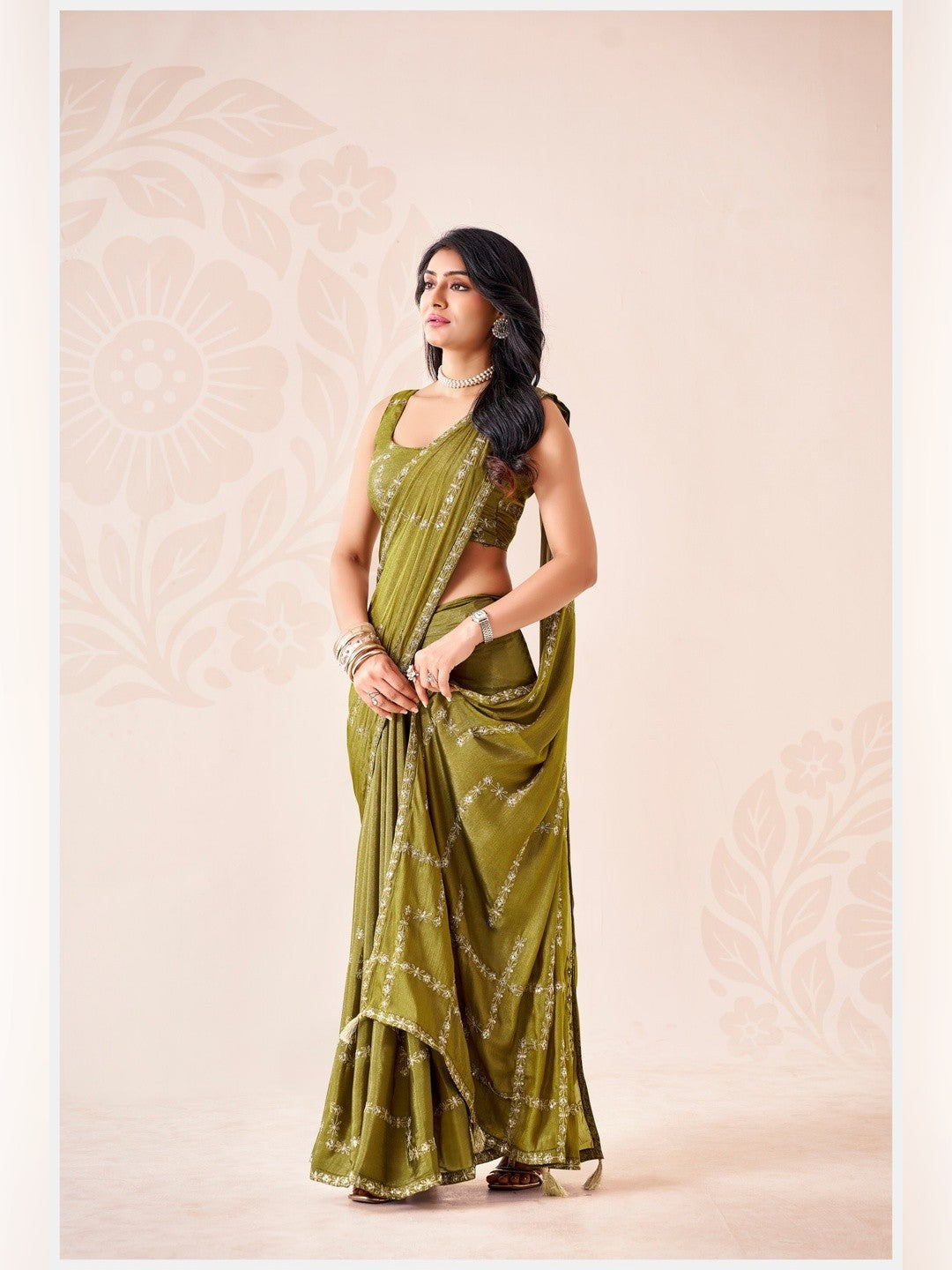 Peachmode Olive Pratima Embroidered Saree - Image 3