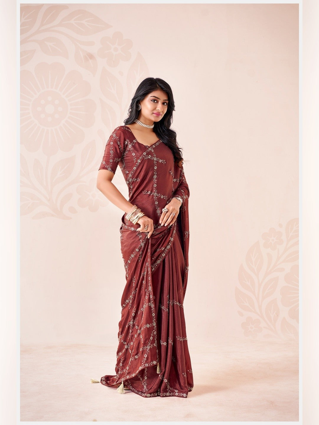 Peachmode Maroon Pratima Embroidered Saree - Image 1