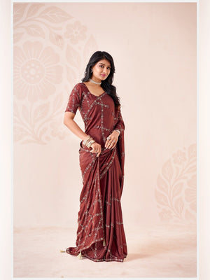 Peachmode Maroon Pratima Embroidered Saree - Image 1