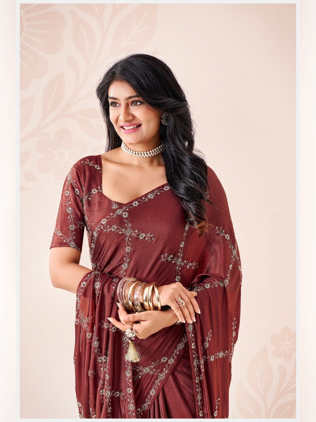 Peachmode Maroon Pratima Embroidered Saree - Image 3