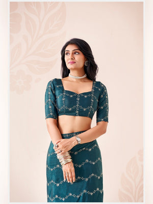 Peachmode Teal Pratima Embroidered Saree - Image 2