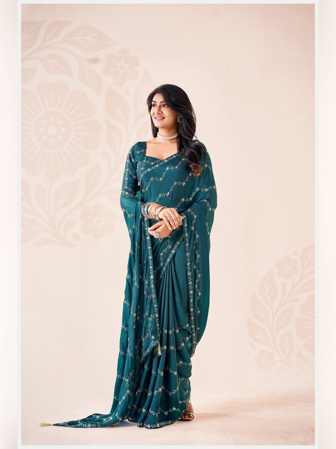 Peachmode Teal Pratima Embroidered Saree - Image 3
