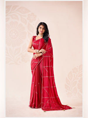 Peachmode Red Pratima Embroidered Saree - Image 1