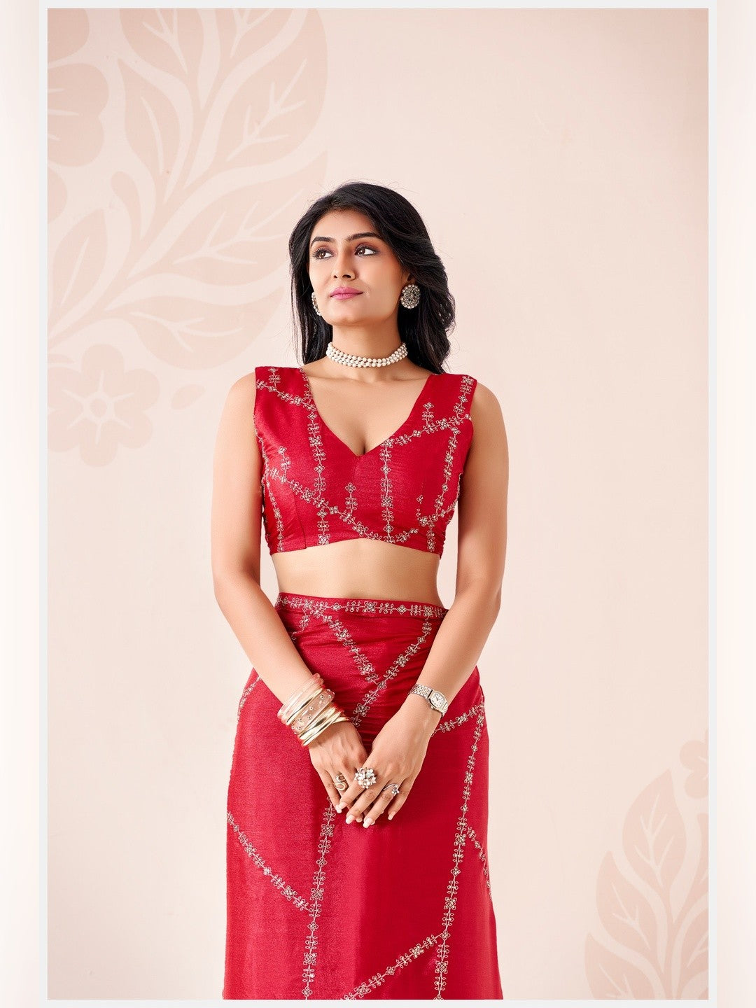 Peachmode Red Pratima Embroidered Saree - Image 2