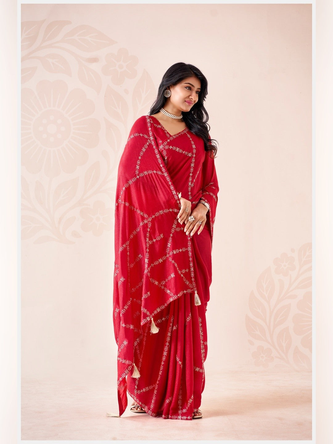 Peachmode Red Pratima Embroidered Saree - Image 3