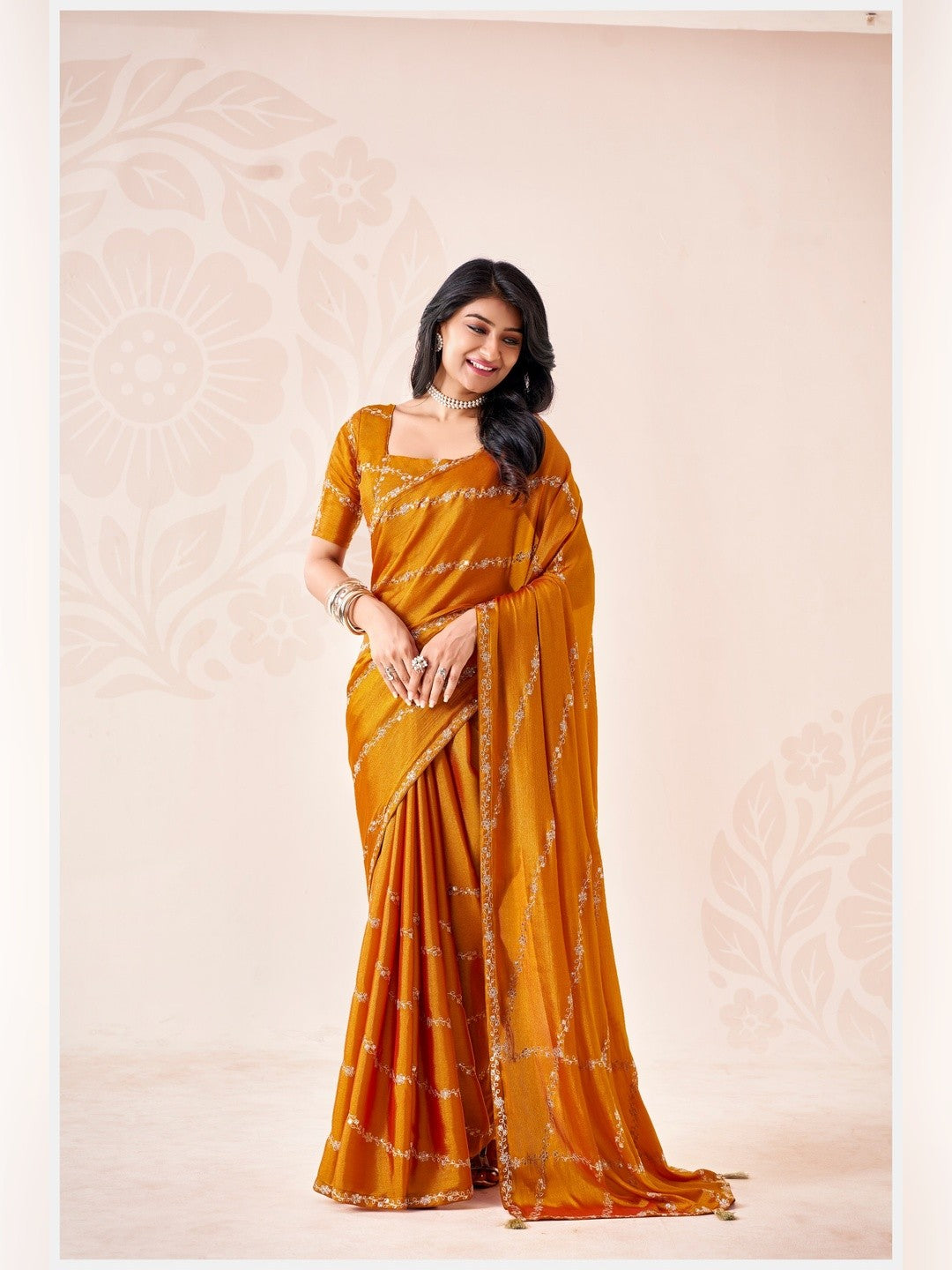Peachmode Yellow Pratima Embroidered Saree - Image 1