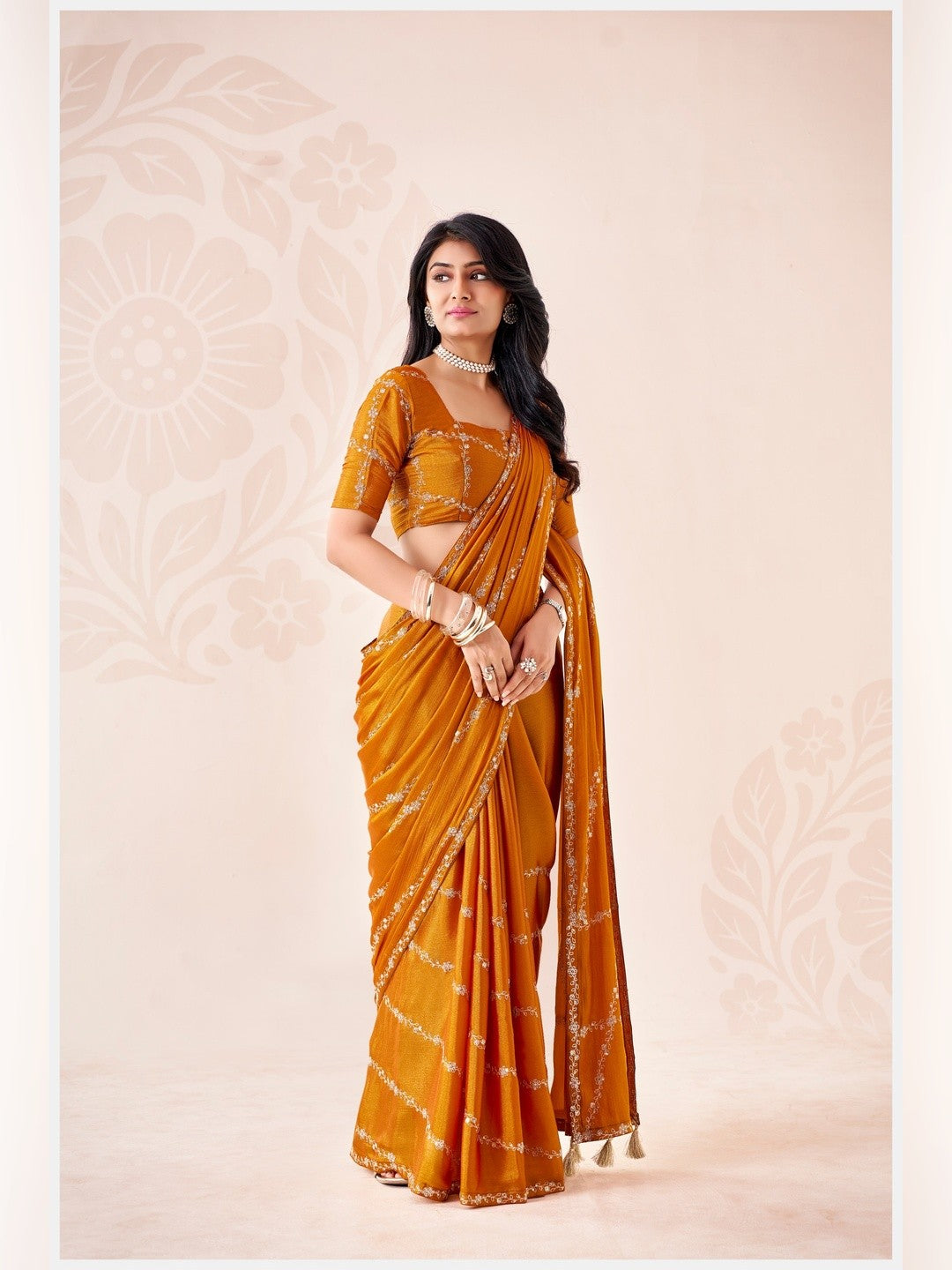 Peachmode Yellow Pratima Embroidered Saree - Image 3