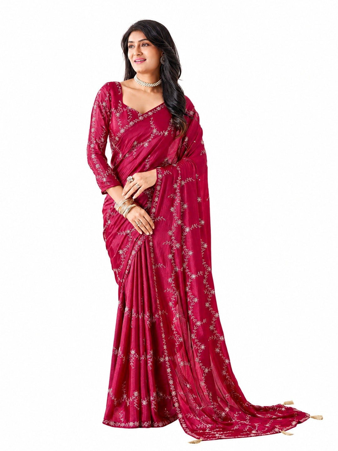 Peachmode Pink Pratima Embroidered Saree - Image 6