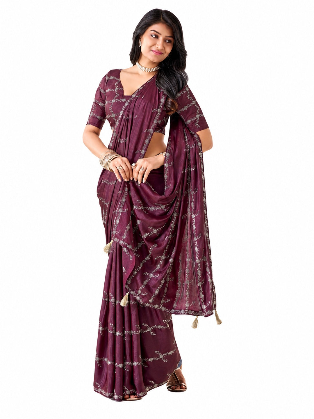 Peachmode Wine Pratima Embroidered Saree - Image 6