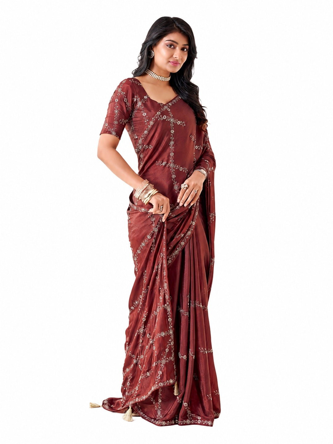 Peachmode Maroon Pratima Embroidered Saree - Image 6