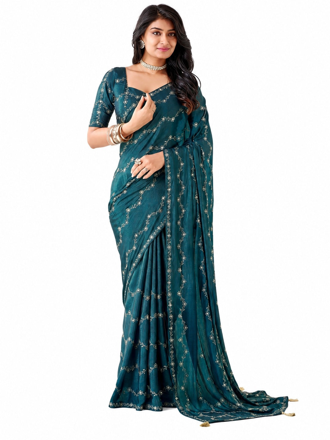Peachmode Teal Pratima Embroidered Saree - Image 6