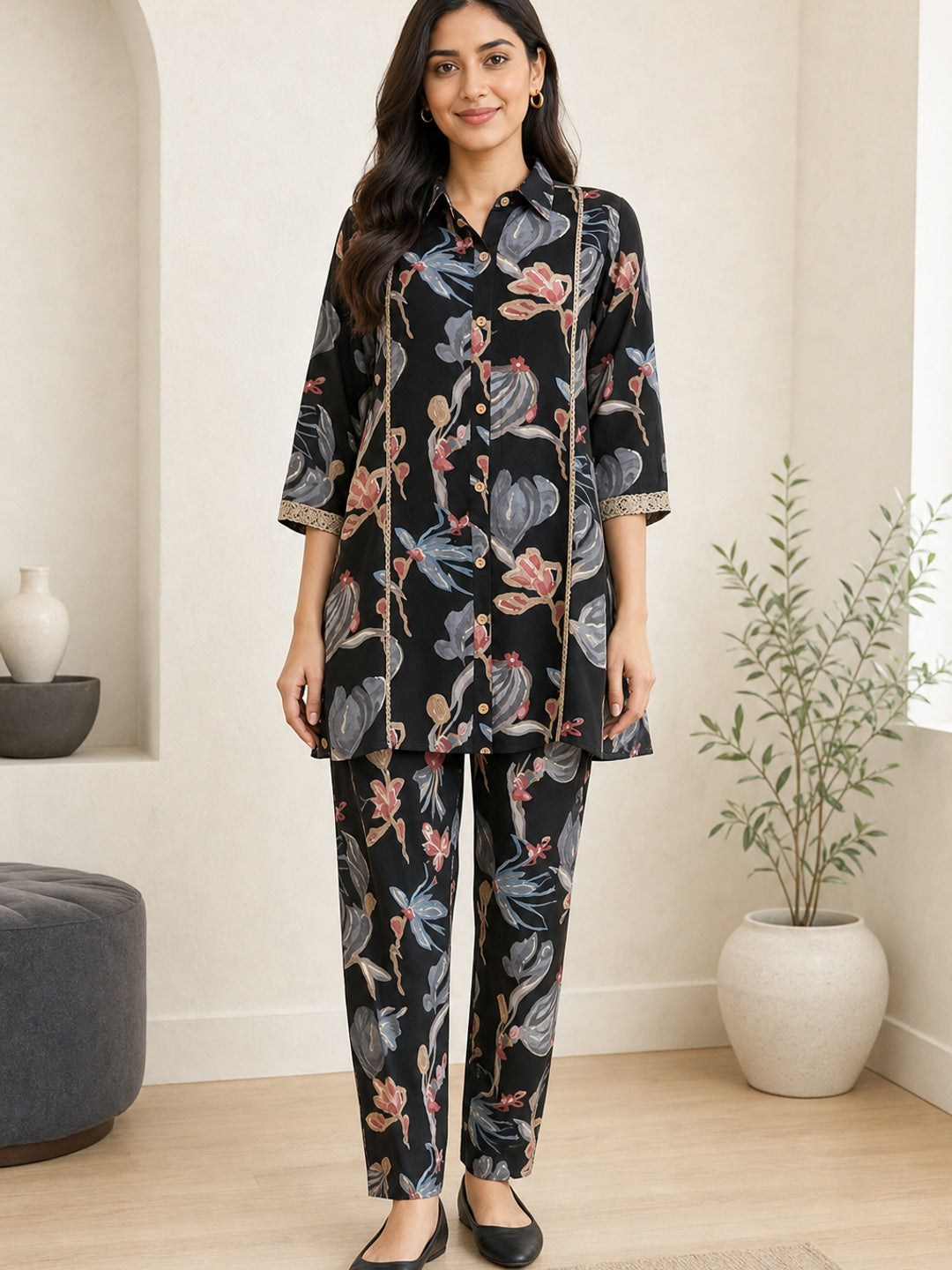 Black Rayon Printed Co-ord Set - Image 1