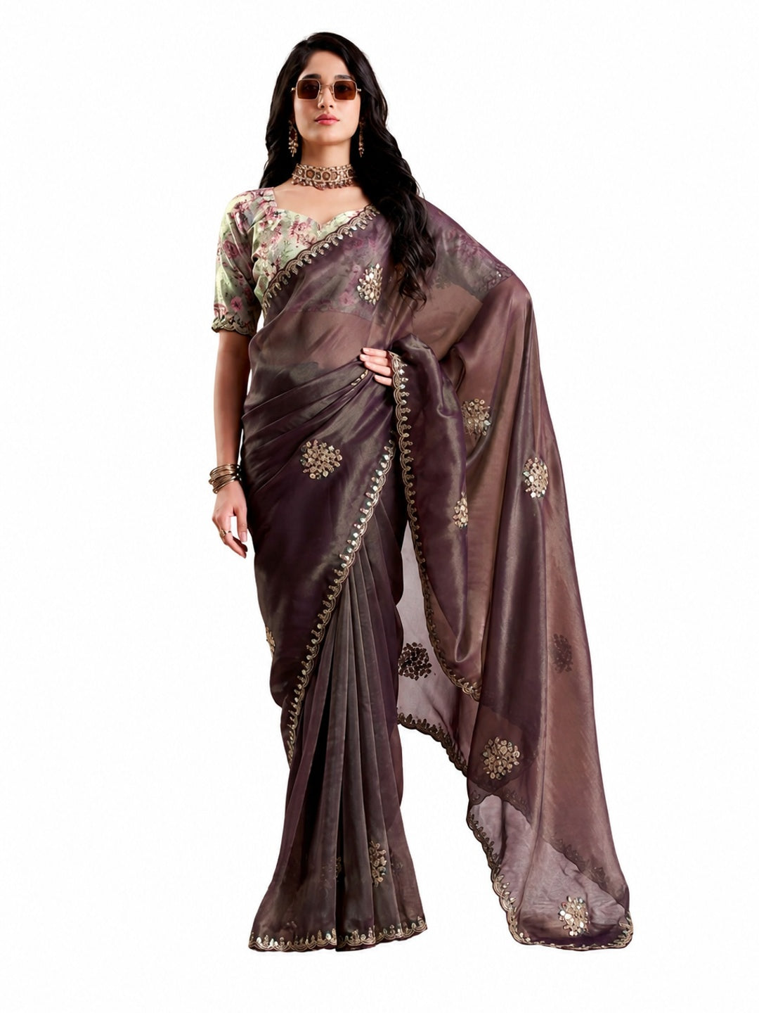 Peachmode Brown Celestial 2 Embroidered Saree - Image 6
