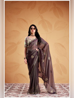 Peachmode Brown Celestial 2 Embroidered Saree - Image 1
