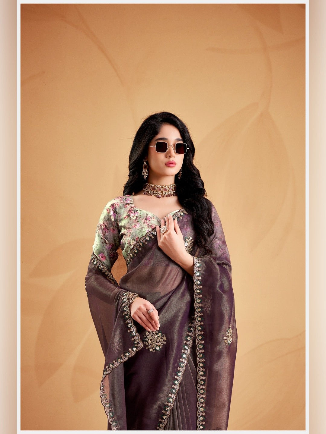Peachmode Brown Celestial 2 Embroidered Saree - Image 4
