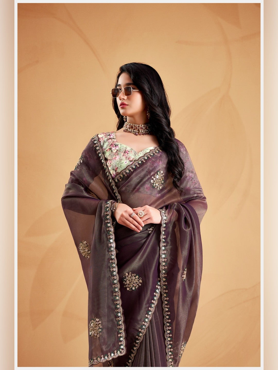 Peachmode Brown Celestial 2 Embroidered Saree - Image 5