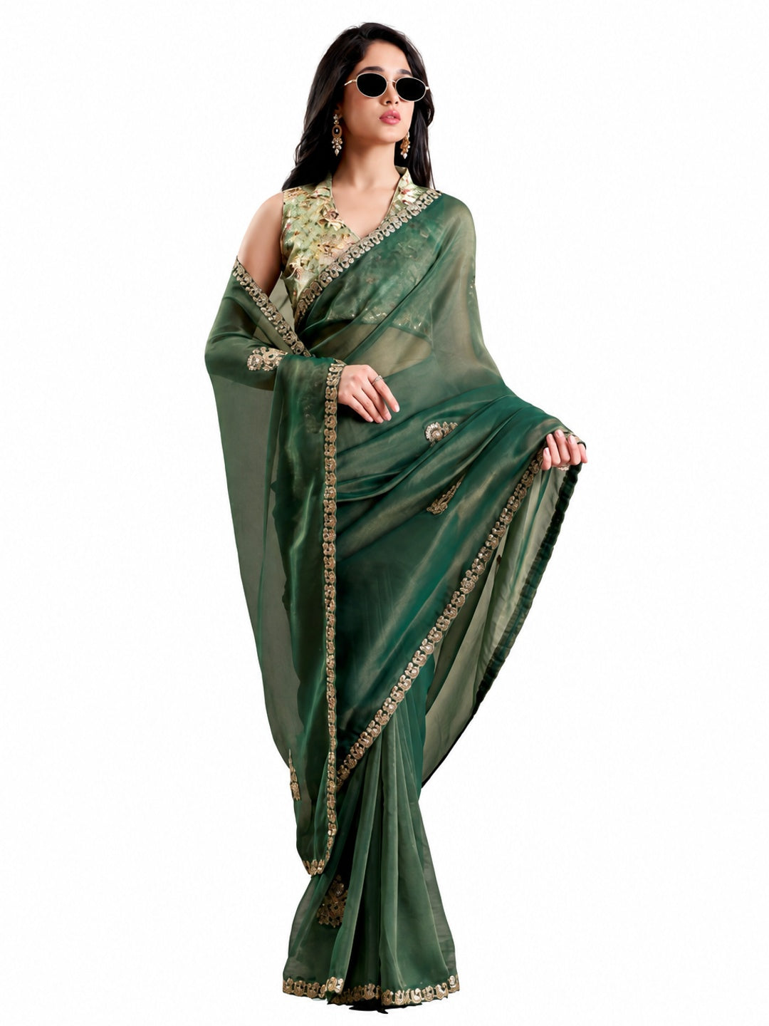 Peachmode Green Celestial 2 Embroidered Saree - Image 6