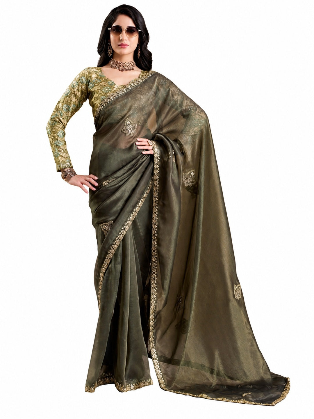 Peachmode Olive Celestial 2 Embroidered Saree - Image 6