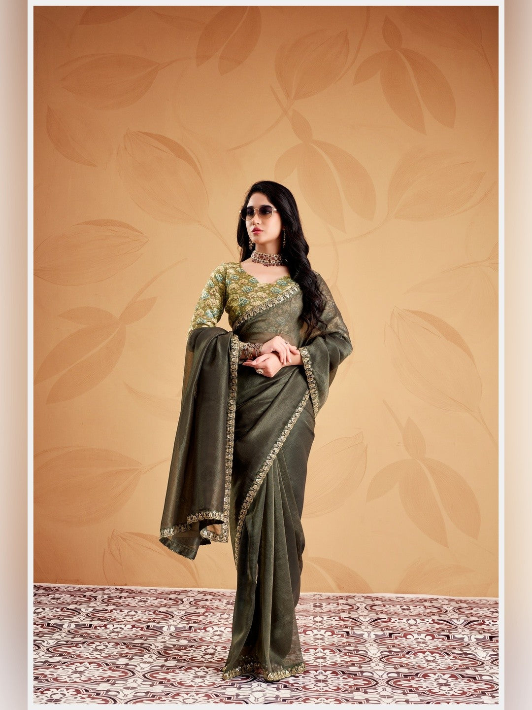 Peachmode Olive Celestial 2 Embroidered Saree - Image 3
