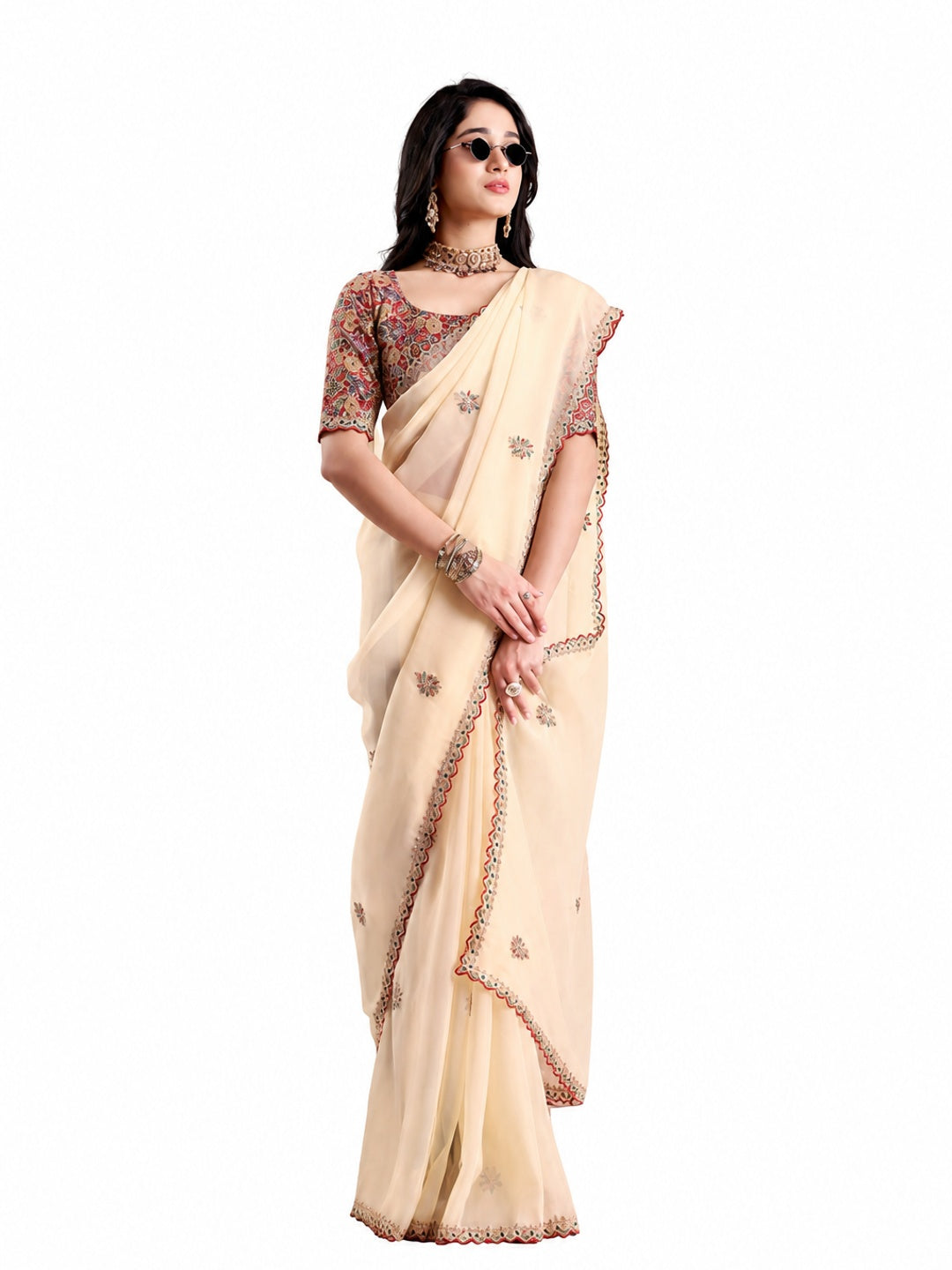 Peachmode Cream Celestial 2 Embroidered Saree - Image 6