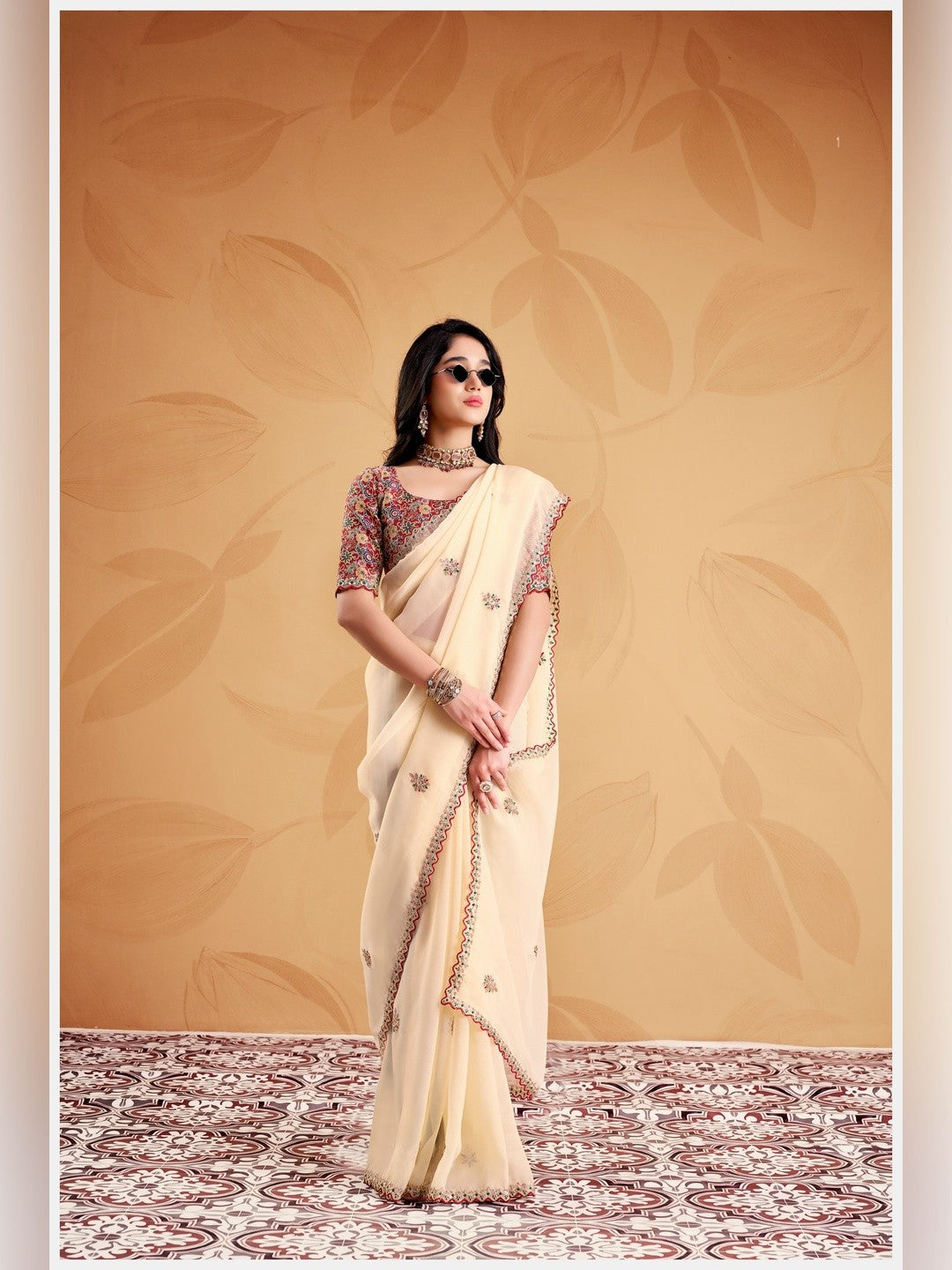 Peachmode Cream Celestial 2 Embroidered Saree - Image 1