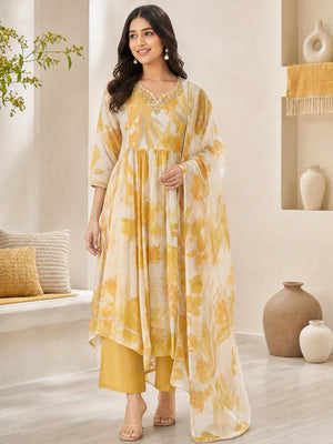 Yellow Mul Chanderi Embroidered Salwar Suit Set - Image 1