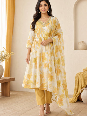 Yellow Mul Chanderi Embroidered Salwar Suit Set - Image 2