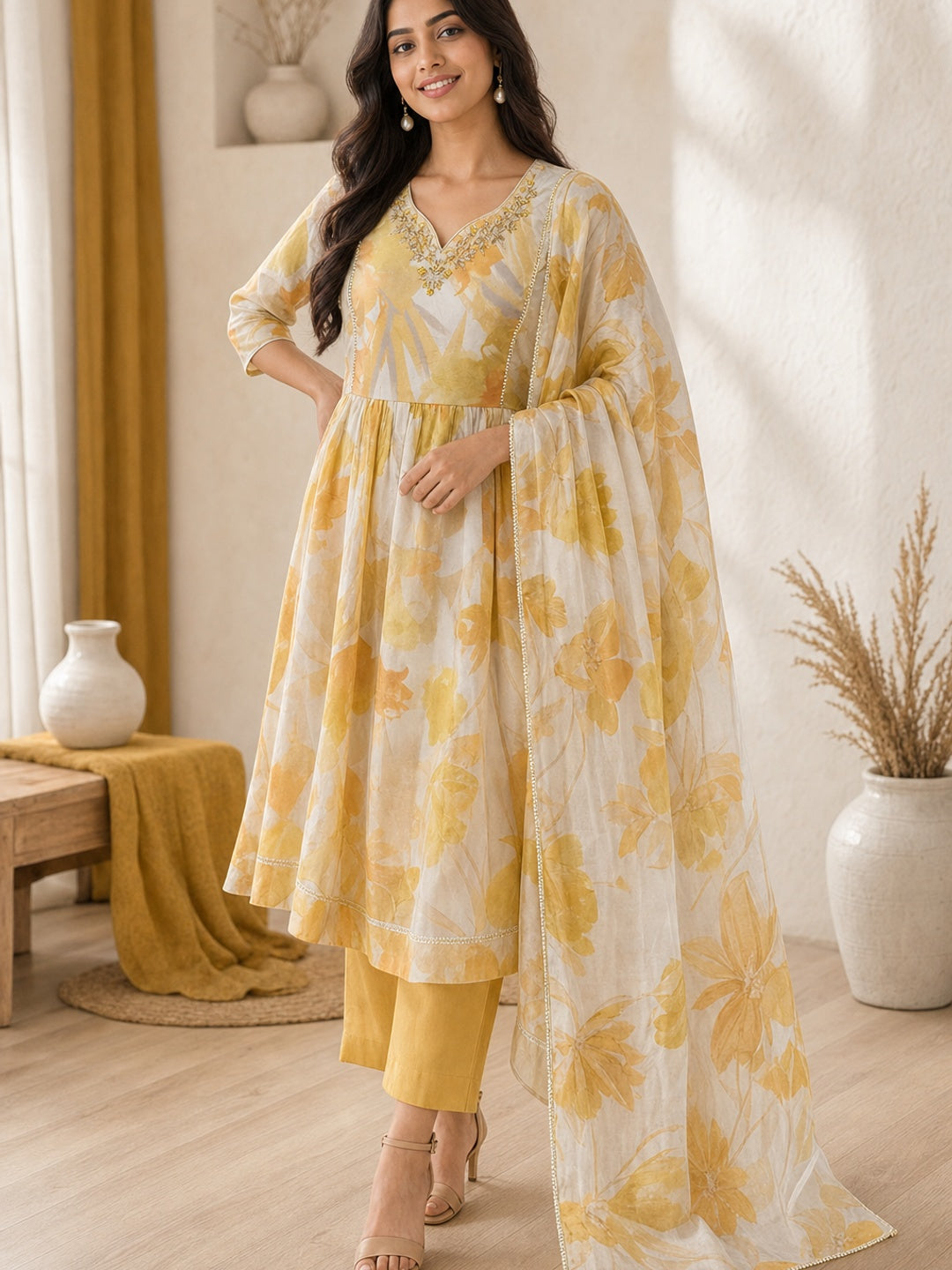 Yellow Mul Chanderi Embroidered Salwar Suit Set - Image 3