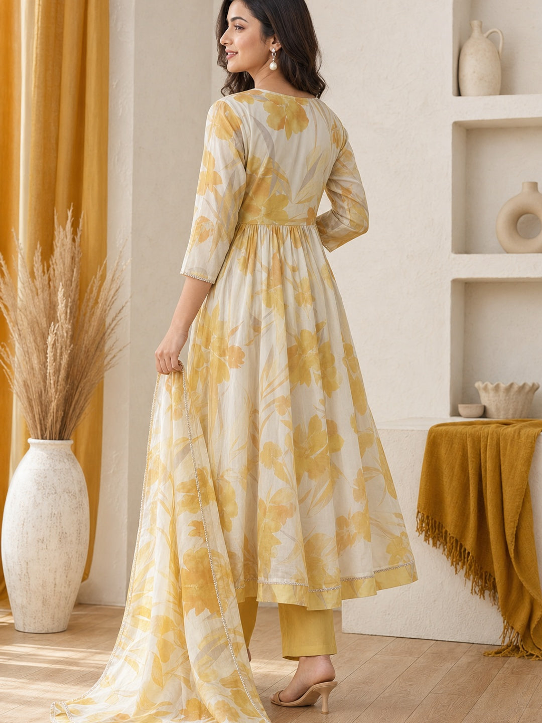 Yellow Mul Chanderi Embroidered Salwar Suit Set - Image 4