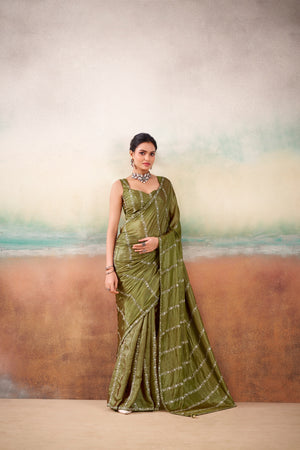 Peachmode Olive Parinay Embroidered Saree - Image 1