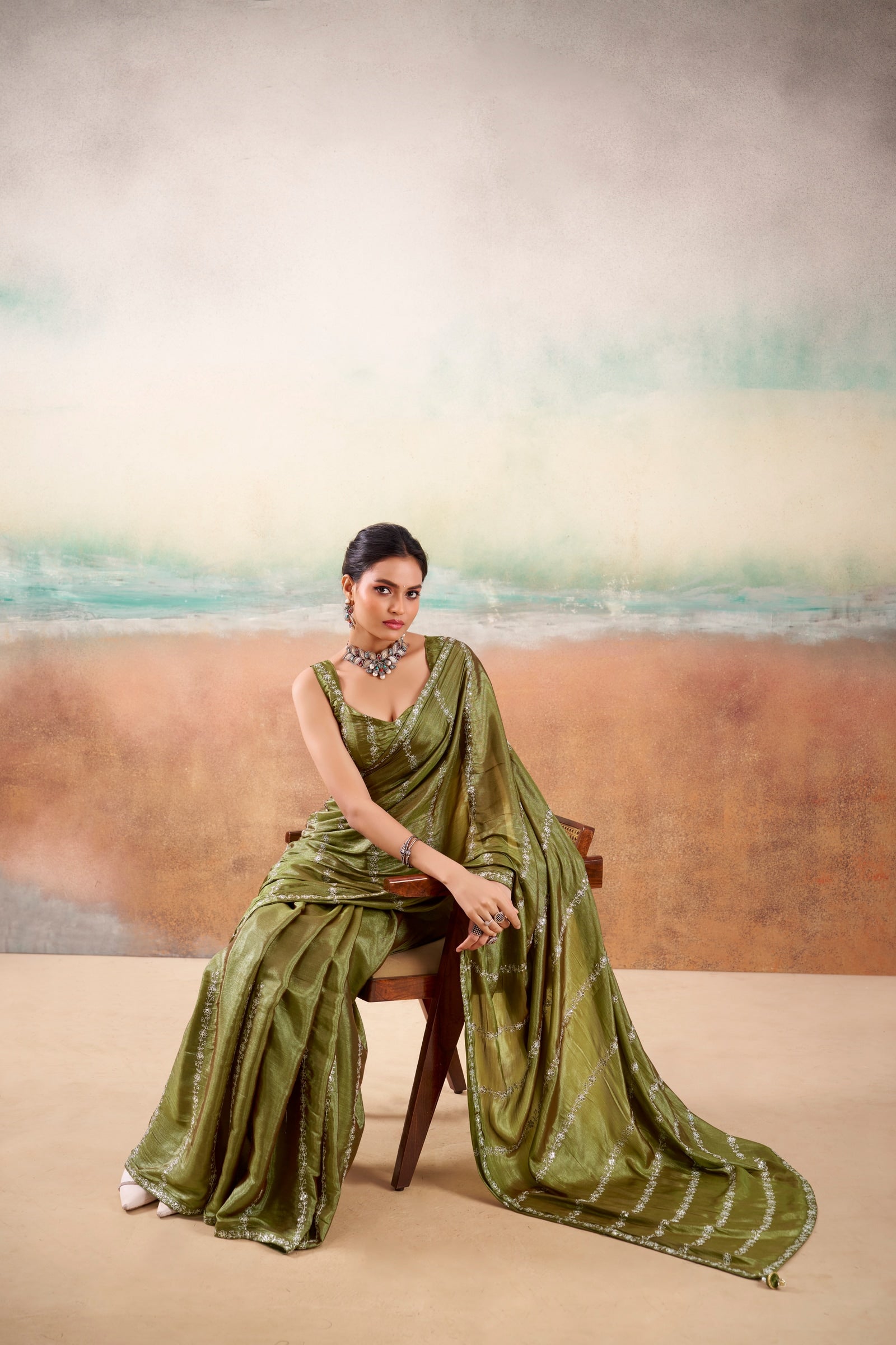 Peachmode Olive Parinay Embroidered Saree - Image 2