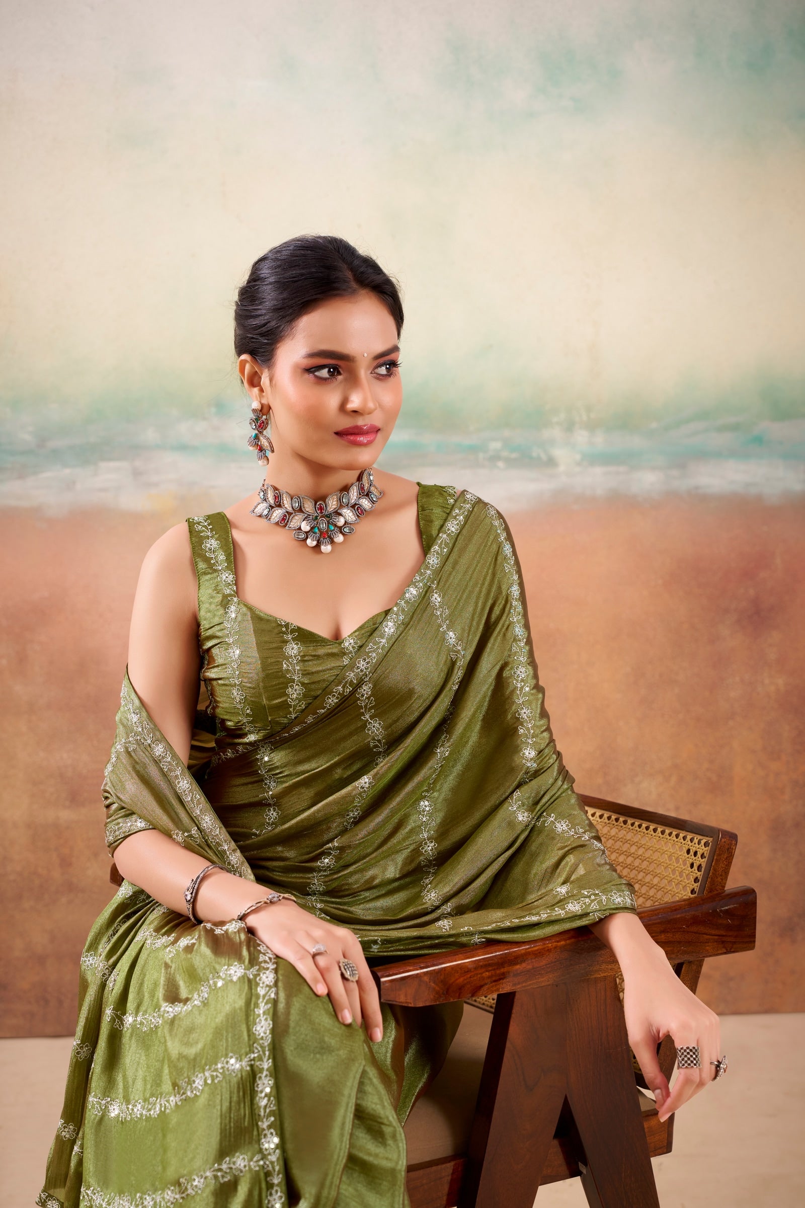 Peachmode Olive Parinay Embroidered Saree - Image 3