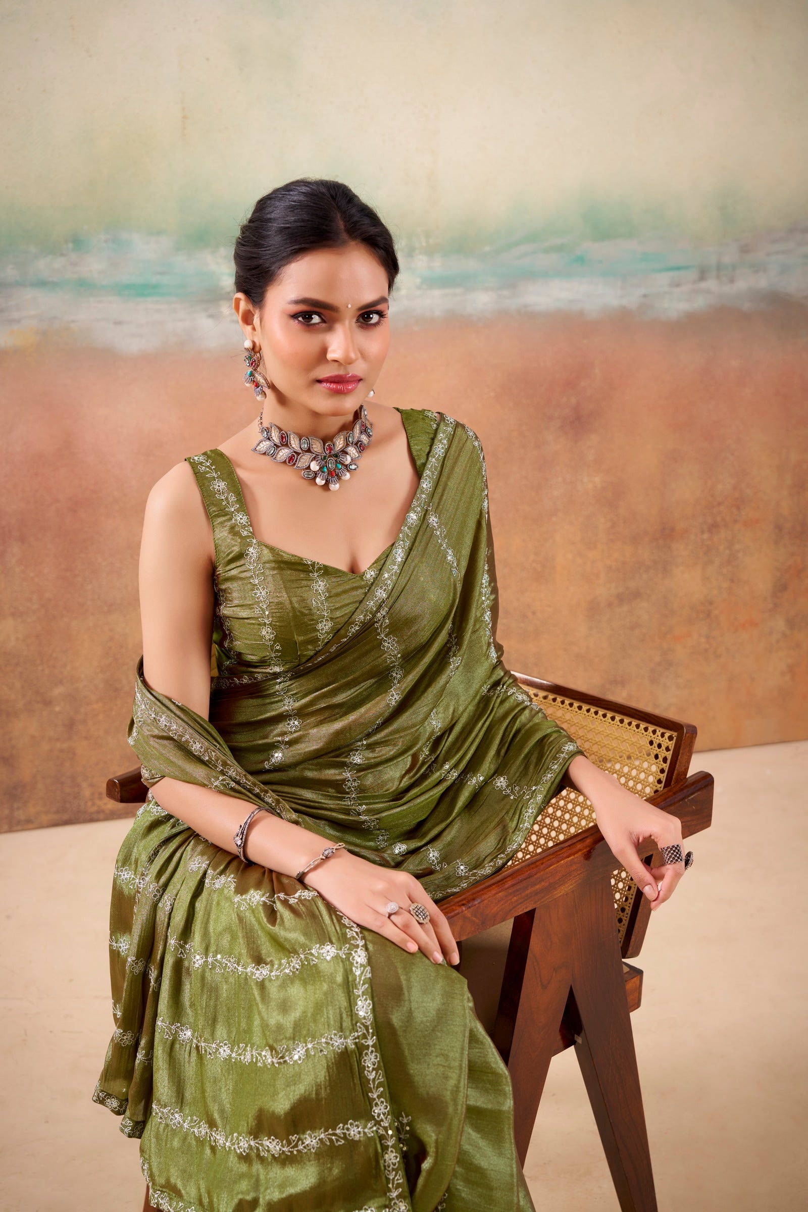 Peachmode Olive Parinay Embroidered Saree - Image 4