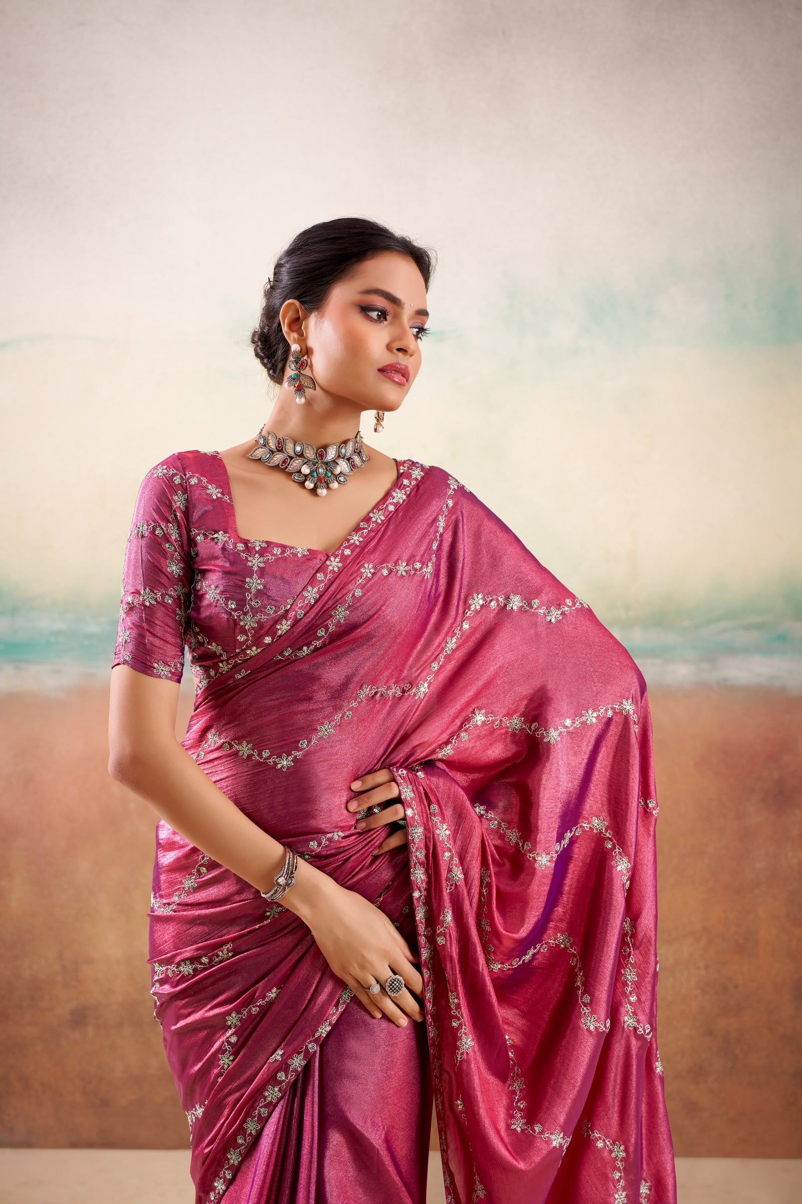 Peachmode Wine Parinay Embroidered Saree - Image 4