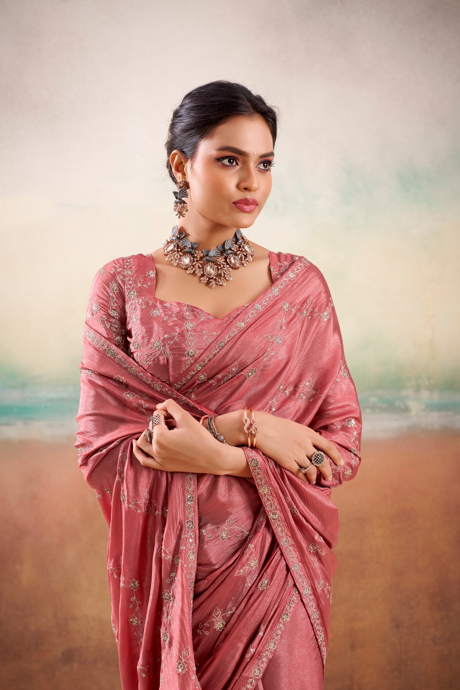 Peachmode Pink Parinay Embroidered Saree - Image 4