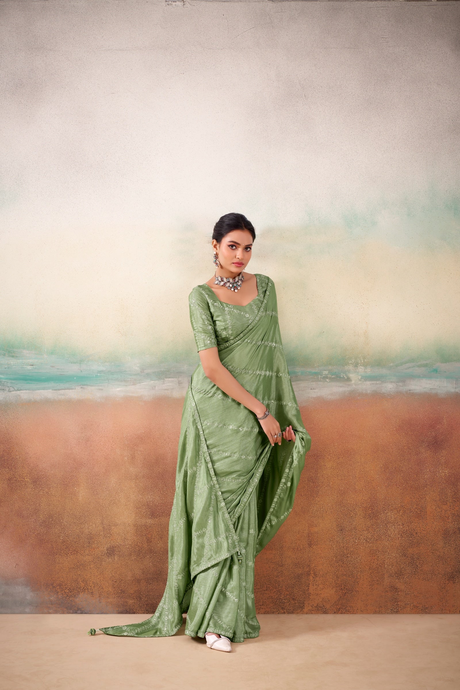 Peachmode Green Parinay Embroidered Saree - Image 2