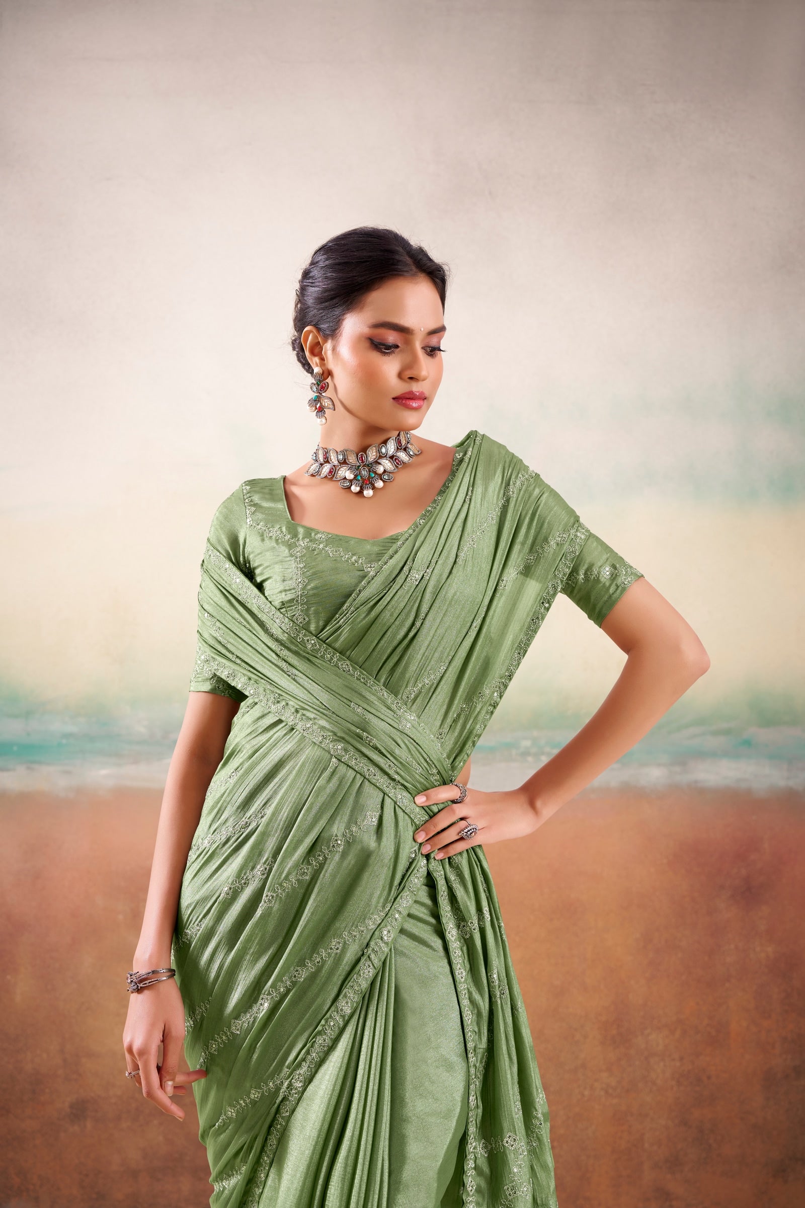 Peachmode Green Parinay Embroidered Saree - Image 3