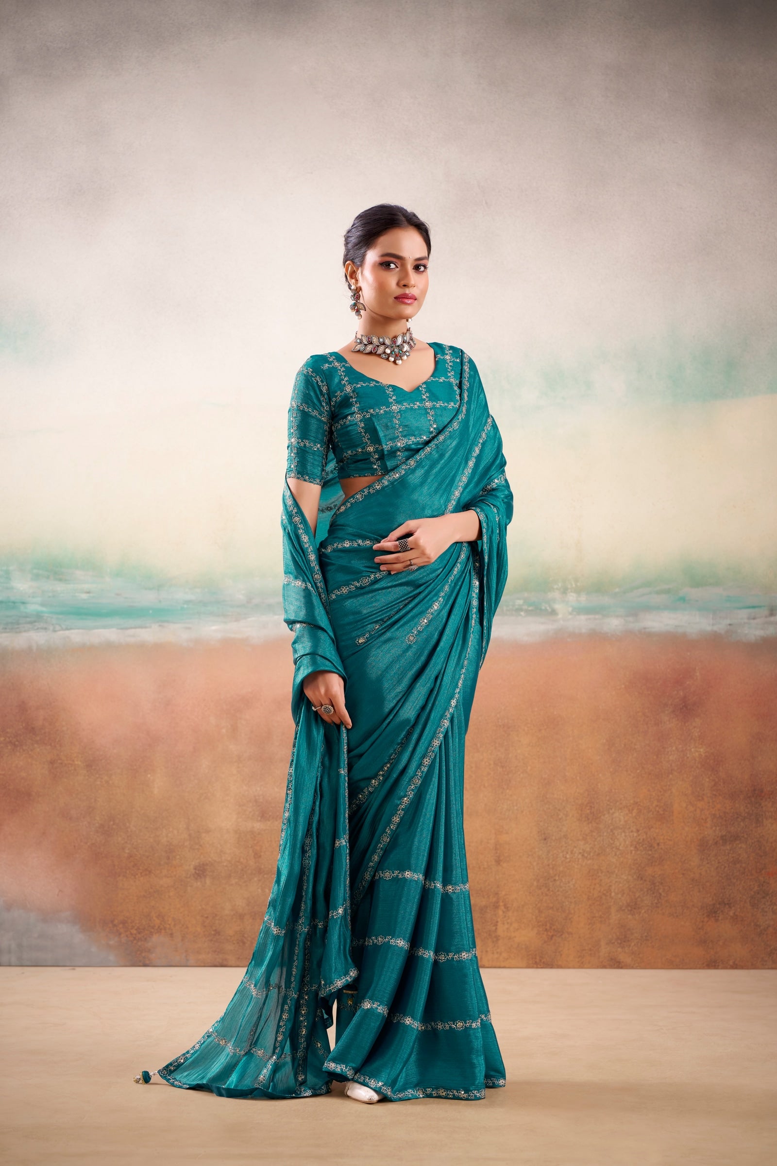Peachmode Teal Parinay Embroidered Saree - Image 2
