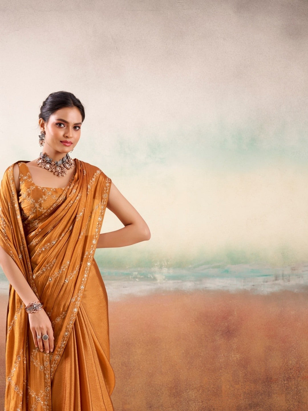 Peachmode Brown Parinay Embroidered Saree - Image 3