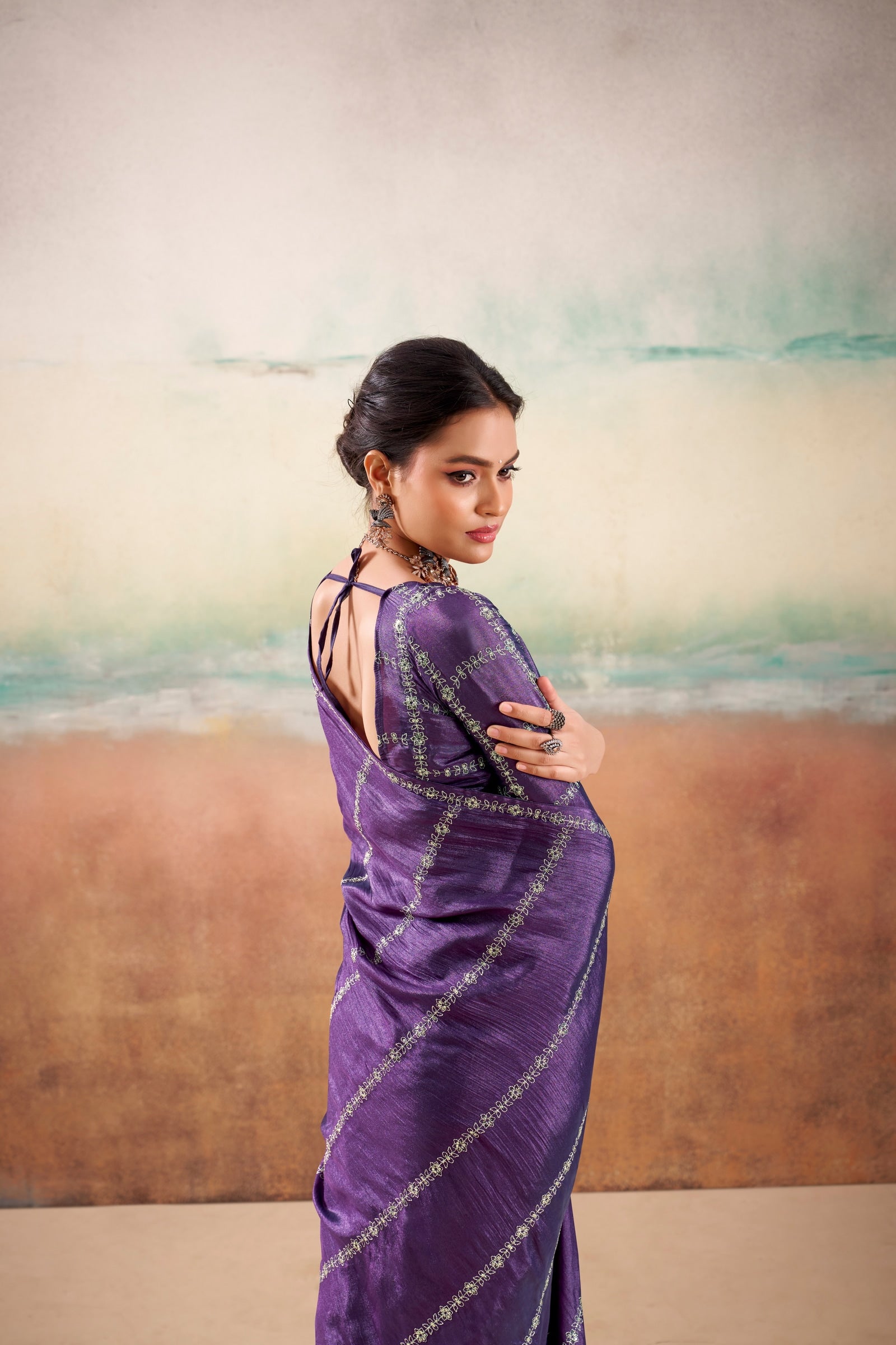 Peachmode Purple Parinay Embroidered Saree - Image 4