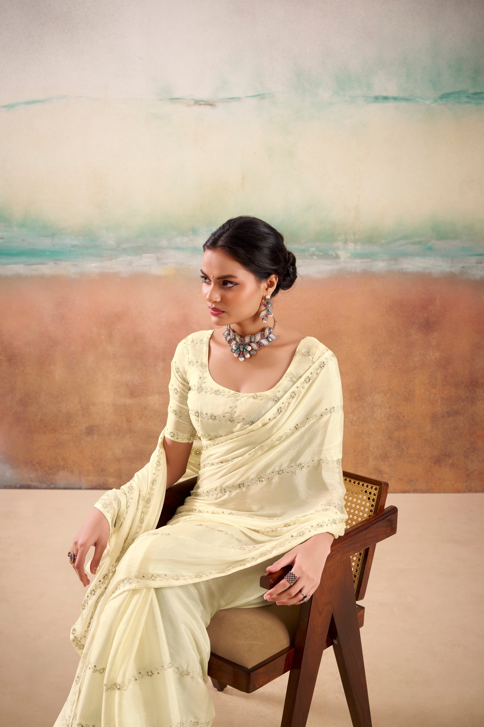 Peachmode Cream Parinay Embroidered Saree - Image 3