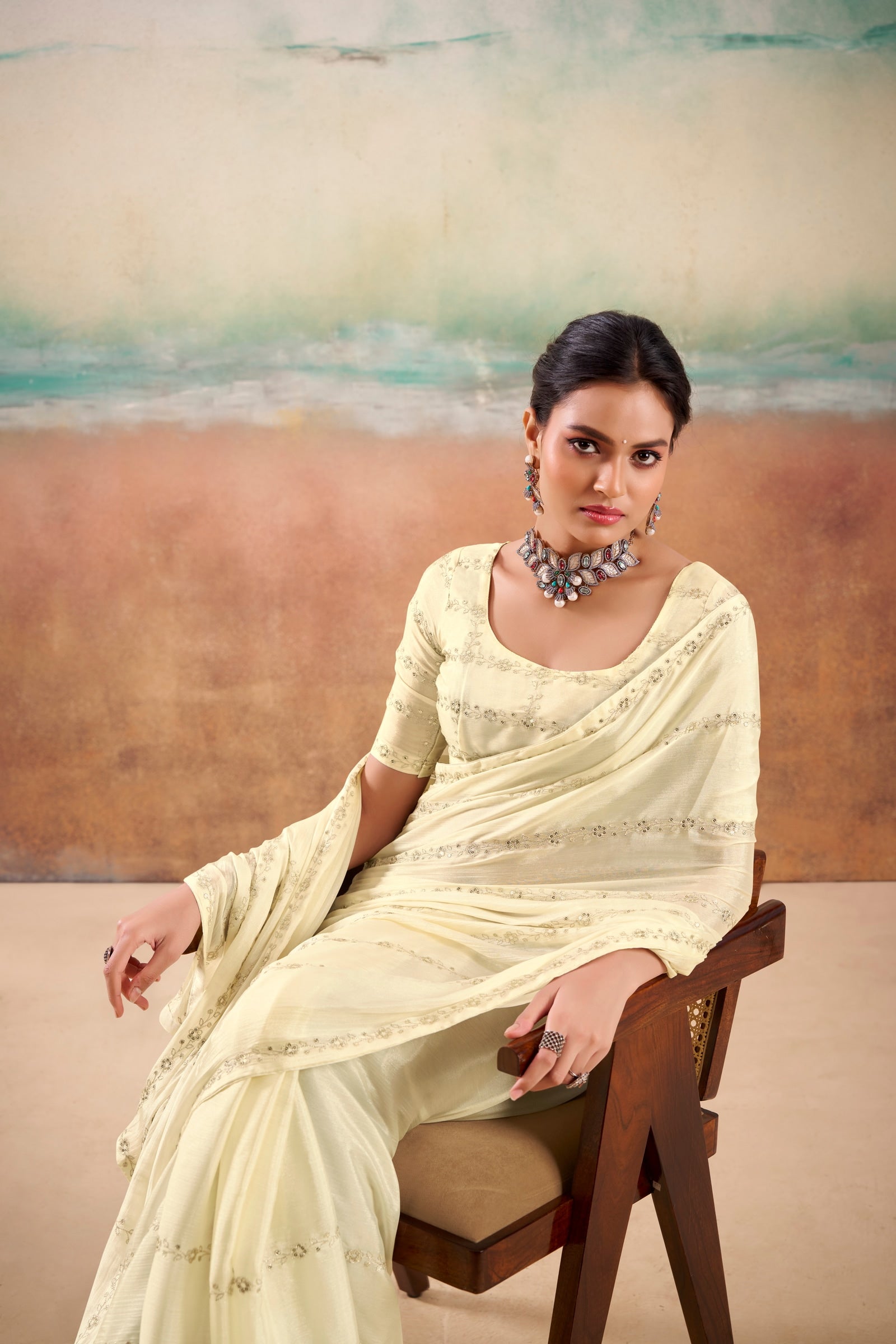 Peachmode Cream Parinay Embroidered Saree - Image 4