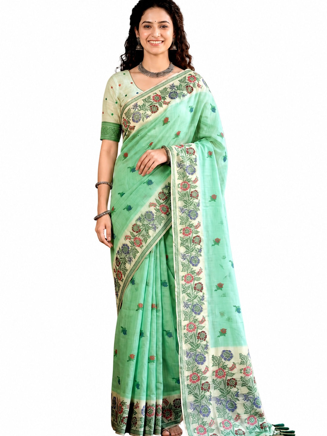 Peachmode Green Cotton Blend Vasundhara Saree - Image 6