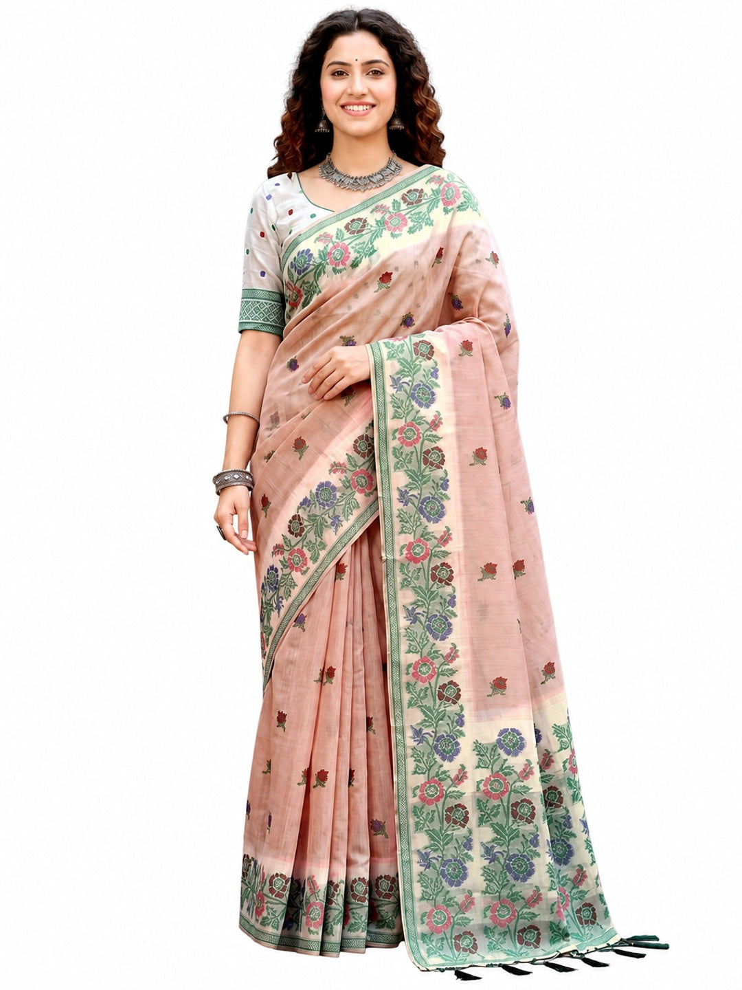 Peachmode Peach Cotton Blend Vasundhara Saree - Image 6