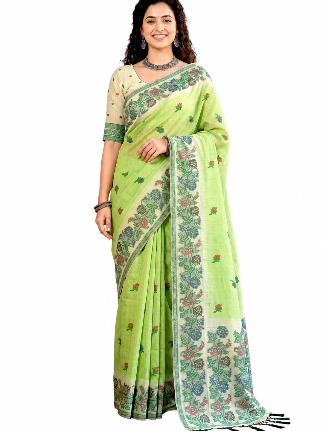 Peachmode Green Cotton Blend Vasundhara Saree - Image 6