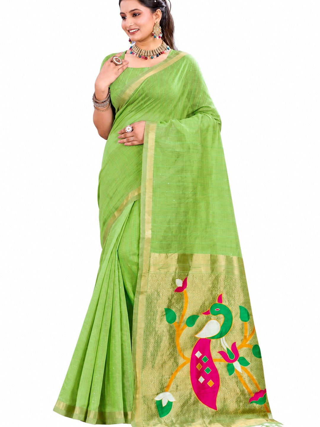 Peachmode Green Cotton Blend Varnika Cotton new_3 Saree - Image 5