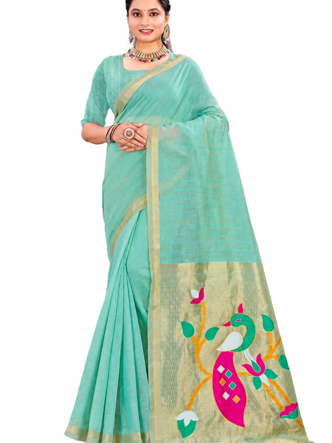Peachmode Aqua Blue Cotton Blend Varnika Cotton new_3 Saree - Image 5
